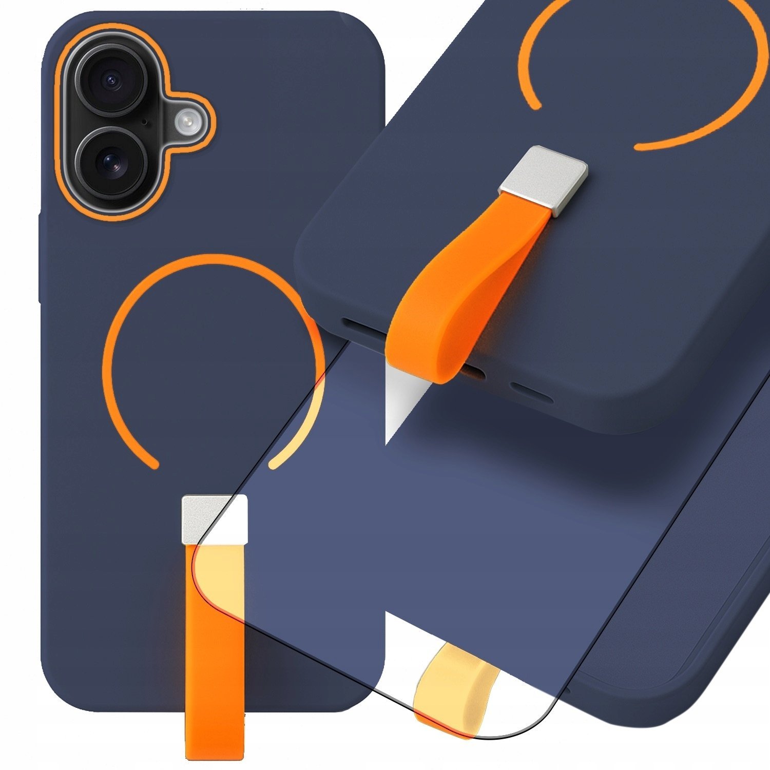 Hello Case Etui Do Apple iPhone 16 Do MagSafe Granatowy, Uchwyt Na Palec Szkło 9H