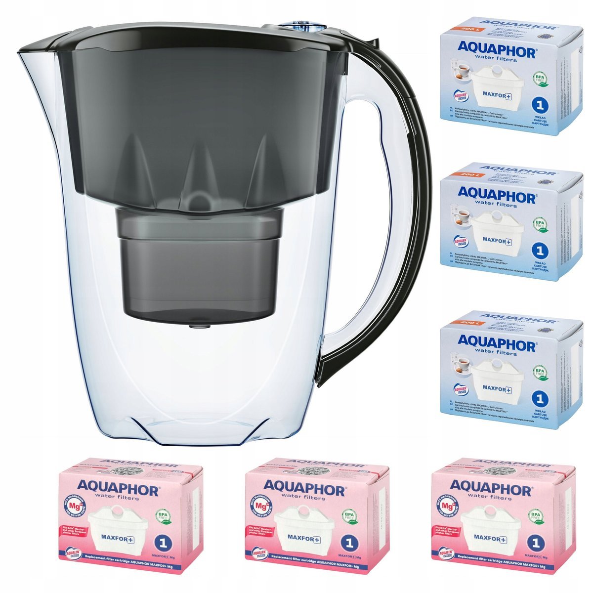 Dzbanek filtrujący Aquaphor Amethyst 2,8 l + 6 wkładów (3 + 3Mg), czarny