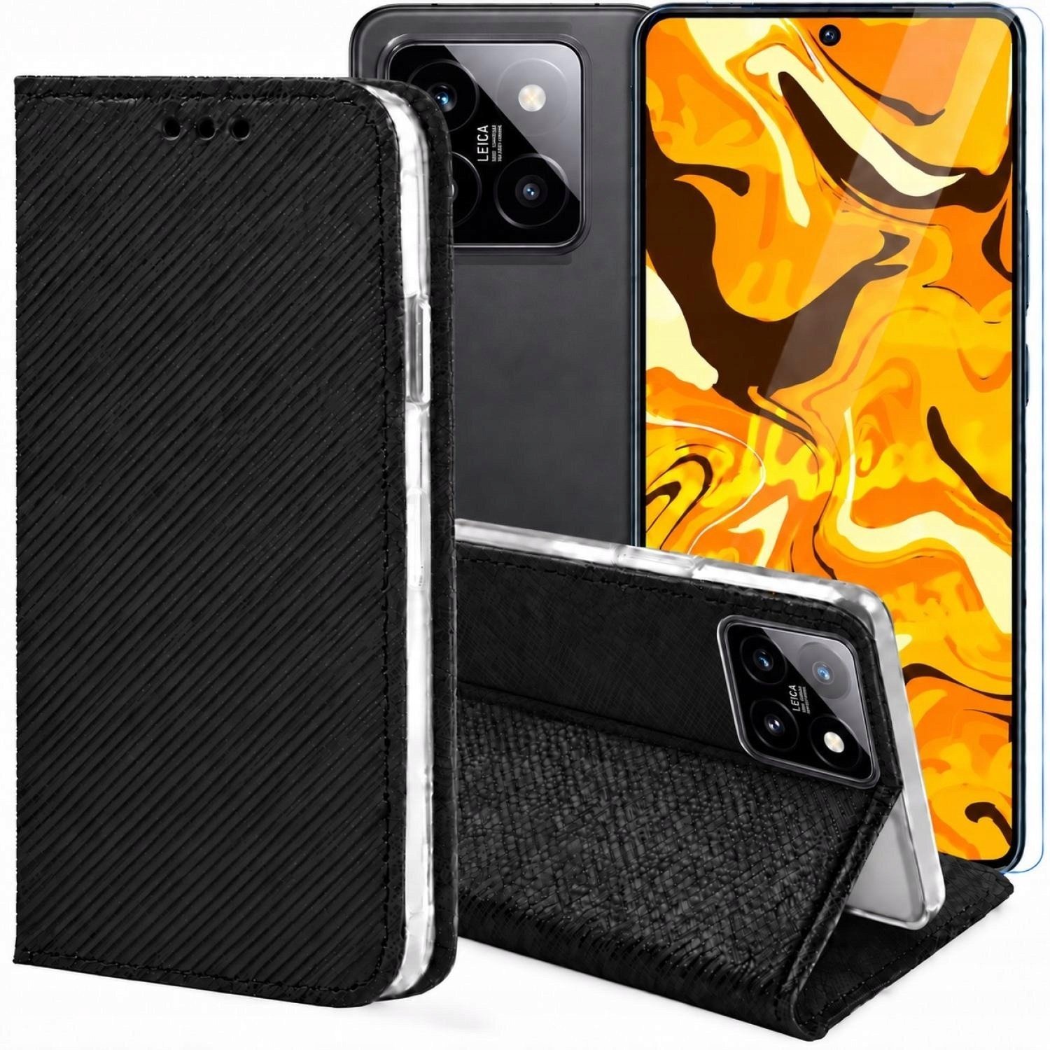 Hello Case Etui z Klapką Do Xiaomi 14 Czarne, Zamykane, Magnetyczne, Kabura Szkło BNDL3324