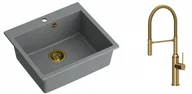 Zlewozmywaki z baterią - Quadron Zlewozmywak granitowy jednokomorowy 57*50*22 cm MORGAN 110 SILVER STONE ze złotym odpływem z baterią MARILYN Q LINE z wyciąganą wylewką kolor złoty - miniaturka - grafika 1