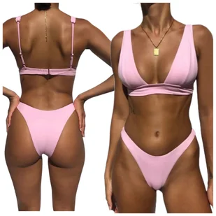 STRÓJ KĄPIELOWY DWUCZĘŚCIOWY BIKINI BRAZYLIJSKIE RÓŻOWE KOSTIUM PLAŻA BASEN M - Stroje kąpielowe - miniaturka - grafika 1