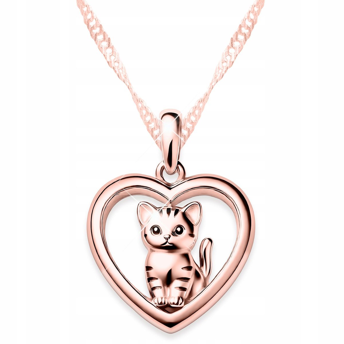 Naszyjnik Pozłacany z Kotkiem w Sercu Kot Cat Heart Kotek Serce SREBRO 925