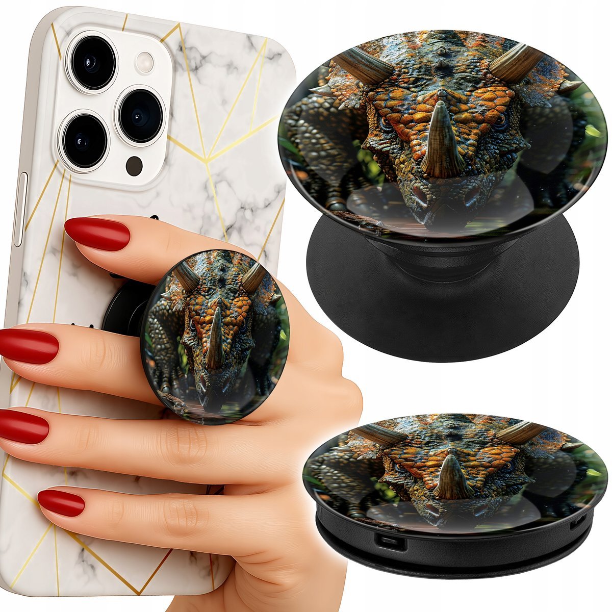 Uchwyt do telefonu Popsocket na palce/stojak DINO DINOZAUR TRICERATOPSEM