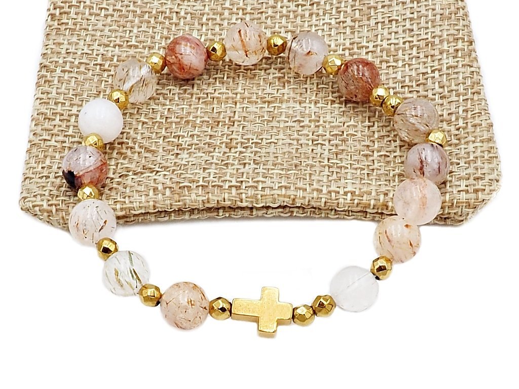 Bransoletka różaniec na rękę kwarc z rutylem sakwa