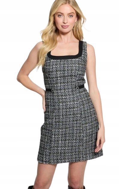 GUESS DAMSKA SUKIENKA PROSTA MINI W KRATĘ Z CZARNĄ LAMÓWKĄ S I1D