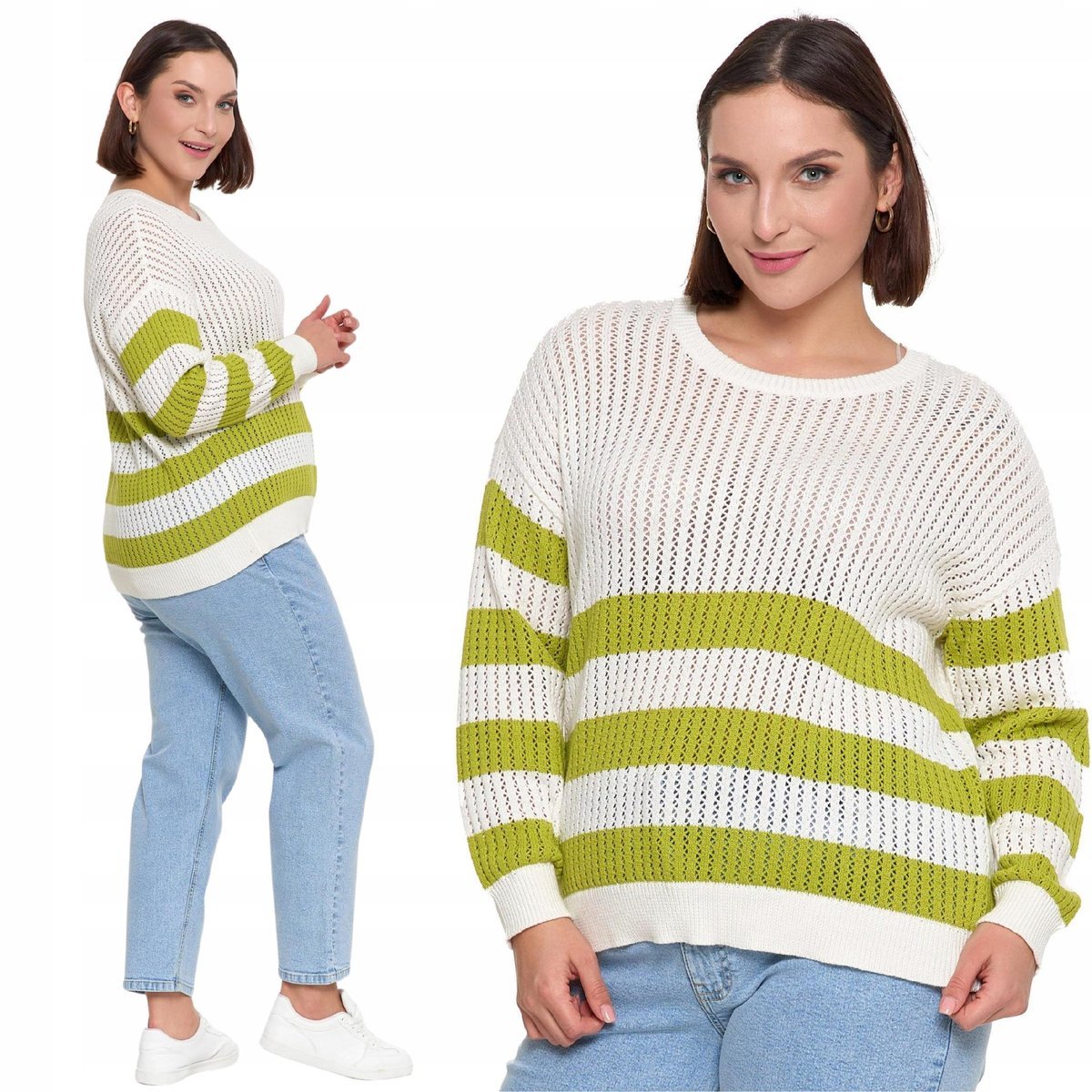 SWETER DAMSKI AŻUROWY BAWEŁNA W PASKI SWETERKOWY REGULARNY KRÓJ MORAJ L PATT 2