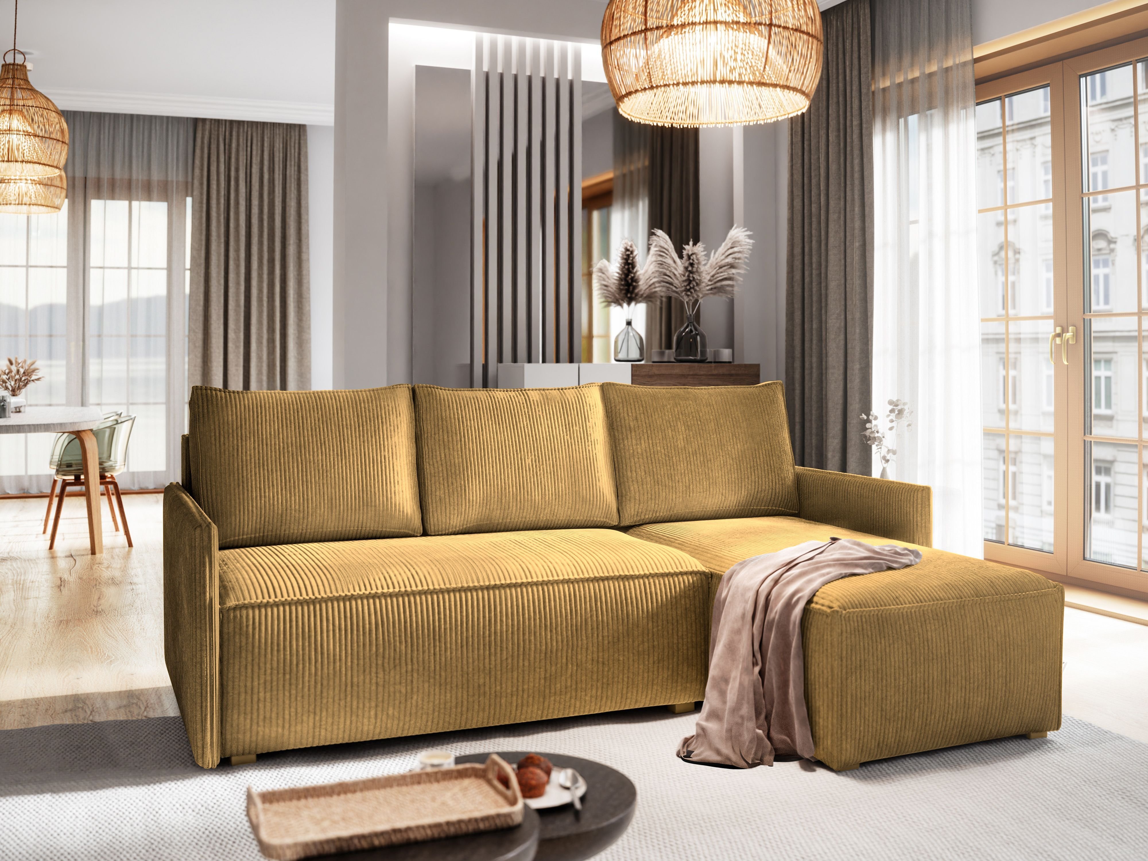 Masseno Narożnik PERUSI z funkcją spania i pojemnikiem na pościel Kształt L, Rozkładana sofa, Rogówka - Żółty, POSO 01