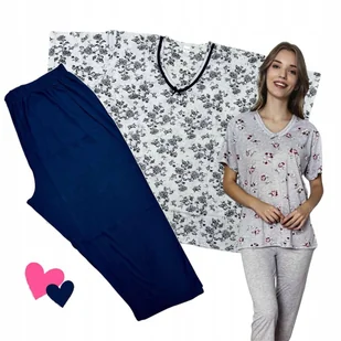PIŻAMA DAMSKA DUŻY ROZMIAR komplet rybaczki kwiaty biały granat 5XL 6XL - Piżamy damskie - miniaturka - grafika 1