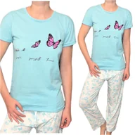 Piżamy damskie - Urocza PIŻAMA DAMSKA długie spodnie krótki rękaw niebieski motyle XL - miniaturka - grafika 1