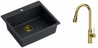 Zlewozmywaki z baterią - Quadron Zlewozmywak granitowy jednokomorowy 57*50*22 cm MORGAN 110 BLACK DIAMOND ze złotym odpływem z baterią JESSICA Q LINE z wyciąganą wylewką i funkcją prysznica kolor złoty - miniaturka - grafika 1