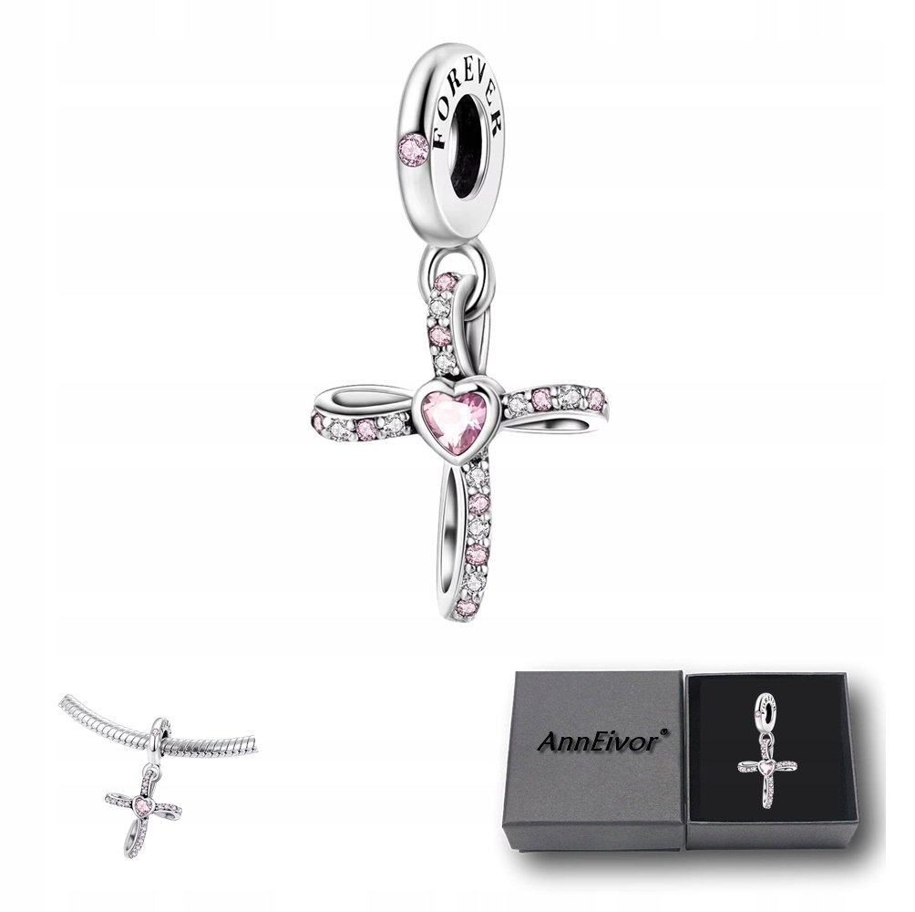 Zawieszka Srebrna S925 Krzyżyk Różowe Serce Prezent Religijny Dla Niej