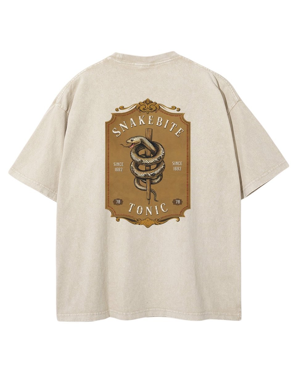Męska koszulka oversize efekt sprania Tonik Wąż Zwierzęta Beżowa L