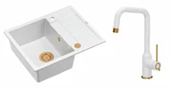 Zlewozmywaki z baterią - Quadron Unique Zlewozmywak granitowy jednokomorowy 62*50*22 cm z ociekaczem MORGAN 116 SNOW WHITE z syfonem Push-2-Open w kolorze miedzianym z baterią NATALIE Q LINE SNOW WHITE kolor biały mat/wykończenie miedź - miniaturka - grafika 1
