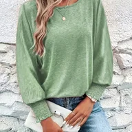 Bluzki damskie - TEMU Koszulka Damska Casual z Długim Rękawem - Jednokolorowa, Detale Smockingu na Mankietach, Okrągły Dekolt, Średnio Elastyczna, Pranie w Praniu - miniaturka - grafika 1