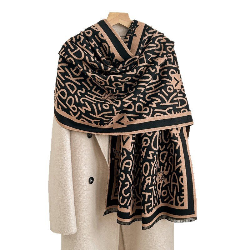 elegancki damski SZAL na zimę ciepły SZALIK szykowny 180x66 brązowo-czarny