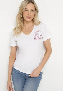 Biały T-shirt Koszulka z Trójkątnym Dekoltem z Bawełny Ozdobiona Nadrukiem Elanoa - Koszulki i topy damskie - miniaturka - grafika 1