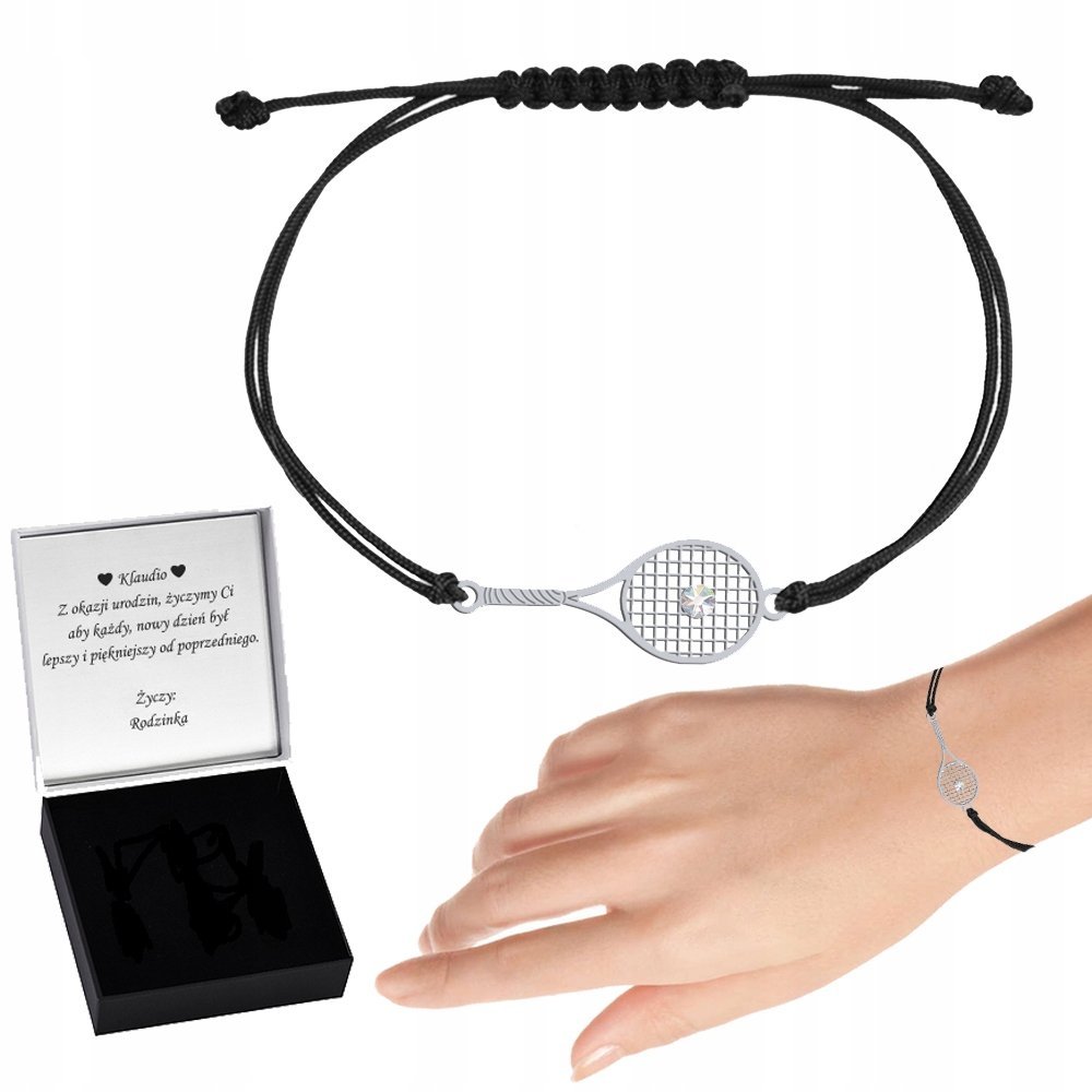 Bransoletka Srebrna Rakieta Tenisowa 925 Sznurek Kryształ Prezent ŻYCZENIA