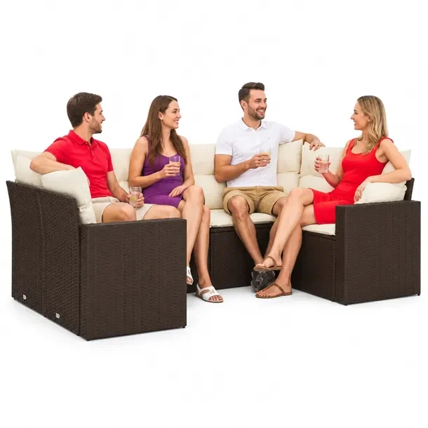 Zestaw Wypoczynkowy Rattan PE Brązowy - 65,5x62x69cm, kremowe poduszki