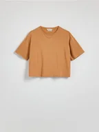 Koszulki i topy damskie - Reserved - Krótki t-shirt z modalem - musztardowy - miniaturka - grafika 1