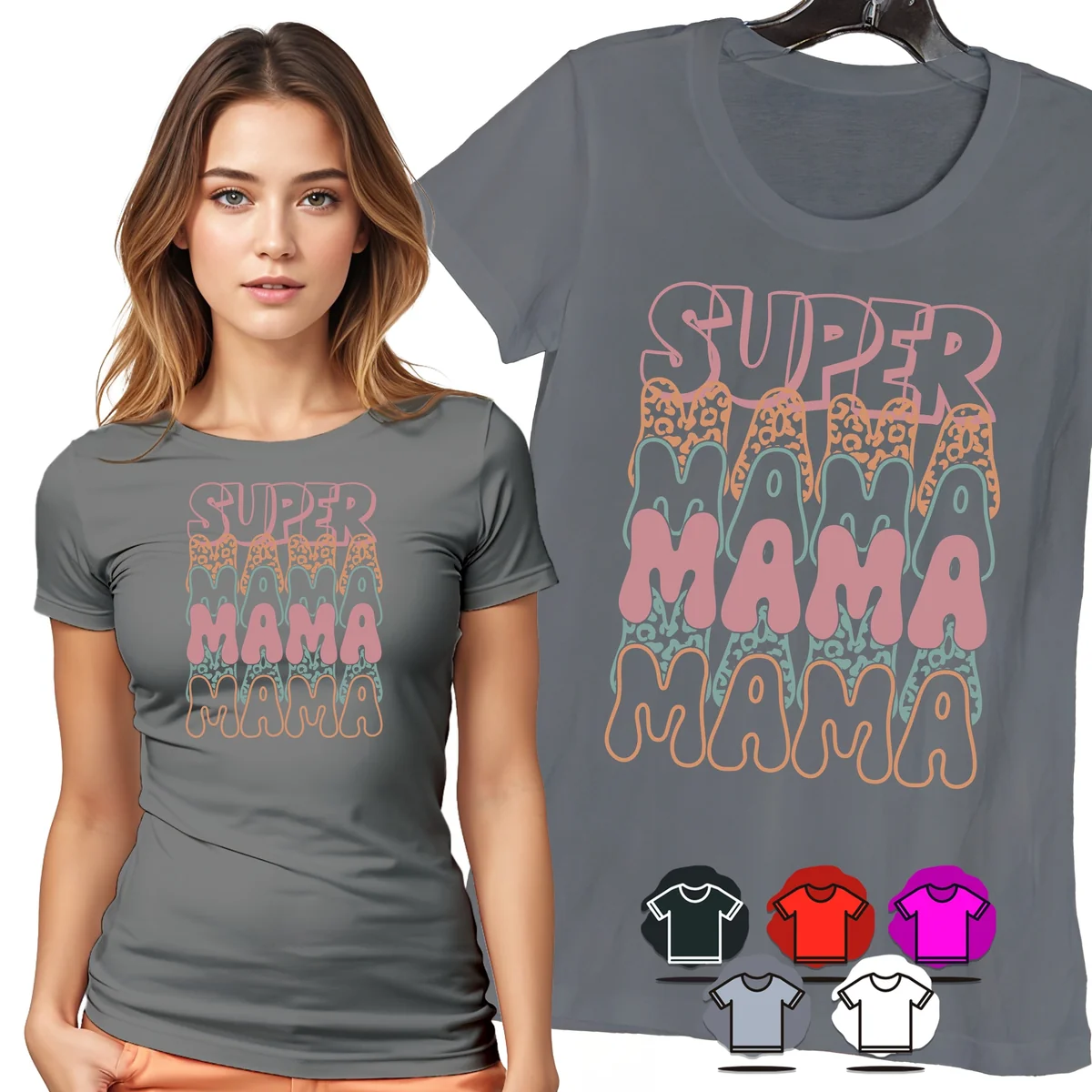 KOSZULKA DAMSKA T-SHIRT - SUPER MAMA PASTELOWY PANTERKOWY WZÓR DAMSKI - L