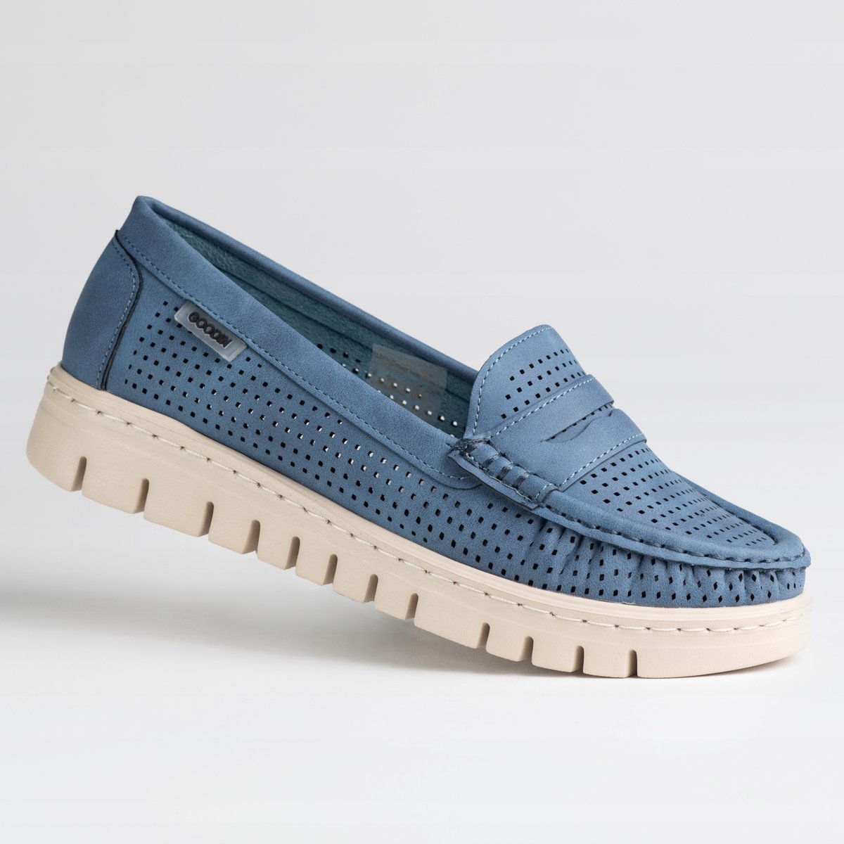 Mokasyny damskie skóra nubuk GOODIN GD-FL6070 niebieskie ażurek klasyk 39