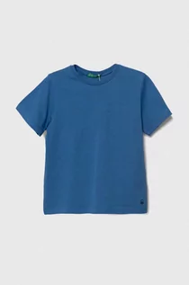 Koszulki dla chłopców - United Colors of Benetton t-shirt bawełniany dziecięcy kolor niebieski gładki - grafika 1