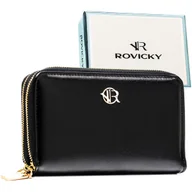 Portfele - Czarny portfel damski ROVICKY średniej wielkości piórnik na suwak ochrona RFID pojemny na karty elegancki na prezent - miniaturka - grafika 1