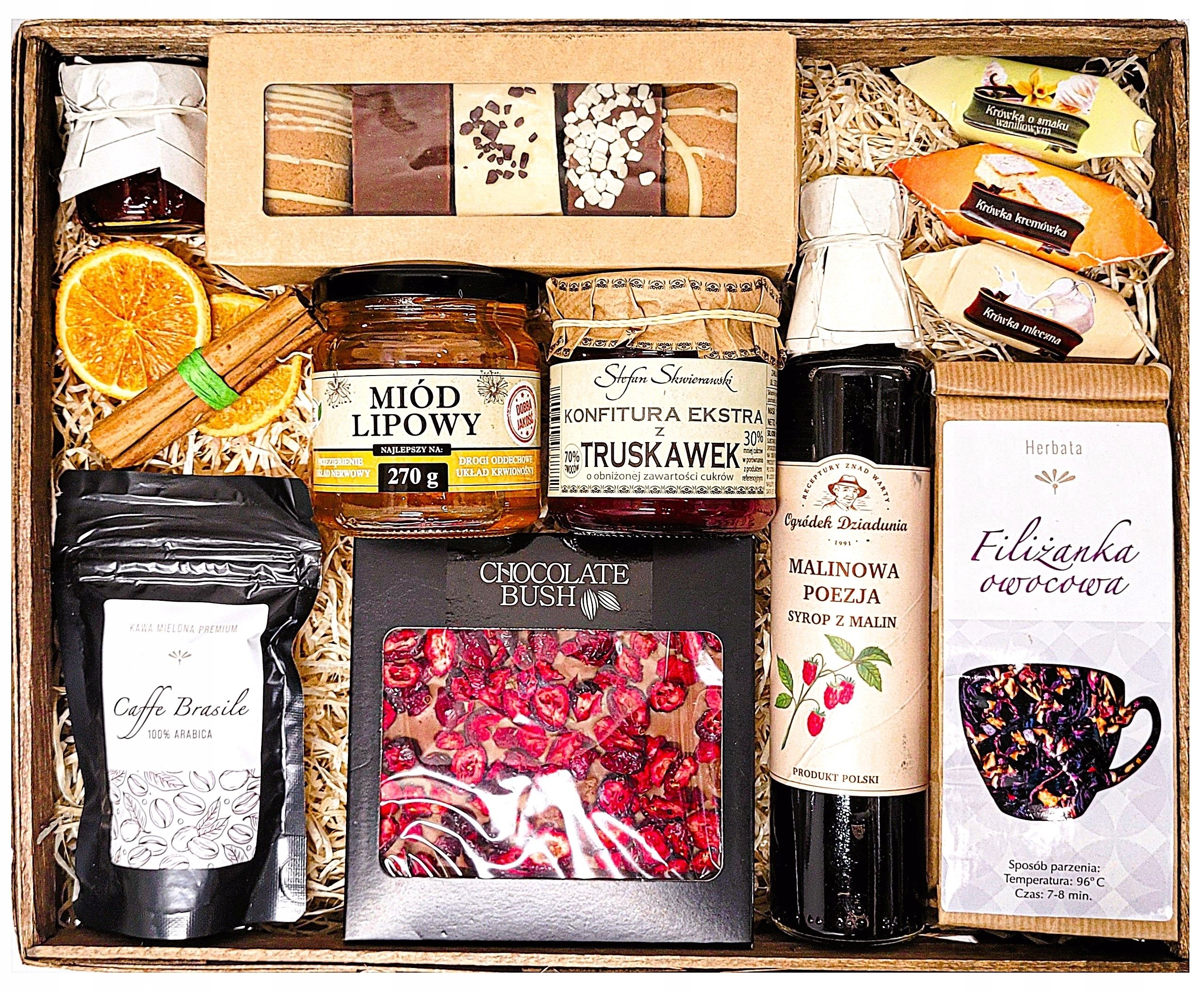Duży Kosz Prezentowy Upominek Pierniki Herbata Syrop Cytrynki Kawa