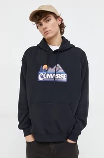 Bluzy męskie - Converse bluza męska kolor czarny z kapturem z nadrukiem - grafika 1