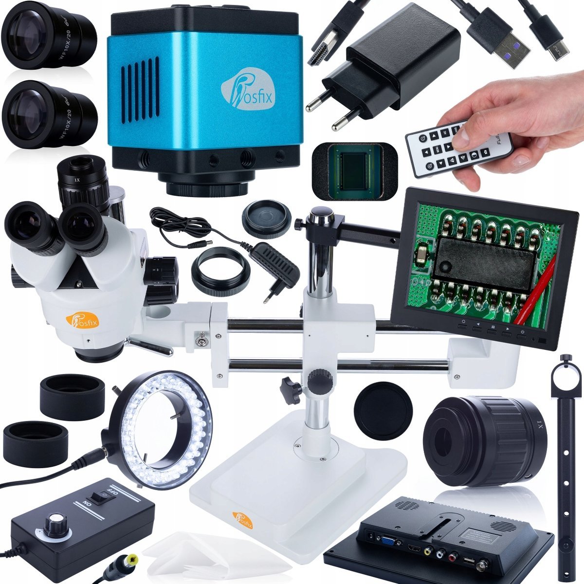 Zestaw Mikroskop Stereoskopowy Kamera Oświetlacz Wyświetlacz 8” Uchwyt Hq