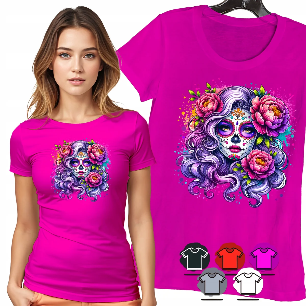 KOSZULKA DAMSKA T-SHIRT - SANTA MUERTE FIOLETOWE WŁOSY KWIATY WZÓR - XS