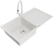 Zlewozmywaki z baterią - Mexen Leo zlewozmywak granitowy 1-komorowy z ociekaczem i baterią kuchenną Elia, biały - 6501-20-670101-20 - miniaturka - grafika 1