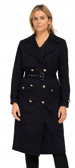 River Island Granatowy Płaszcz Klasyczny z Paskiem Bawełna 38 Kwa