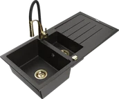 Zlewozmywaki z baterią - Mexen Andres zlewozmywak granitowy 1,5-komorowy z ociekaczem i baterią kuchenną Aster, czarny/złoty metalik - 6515-75-73450-57-G - miniaturka - grafika 1