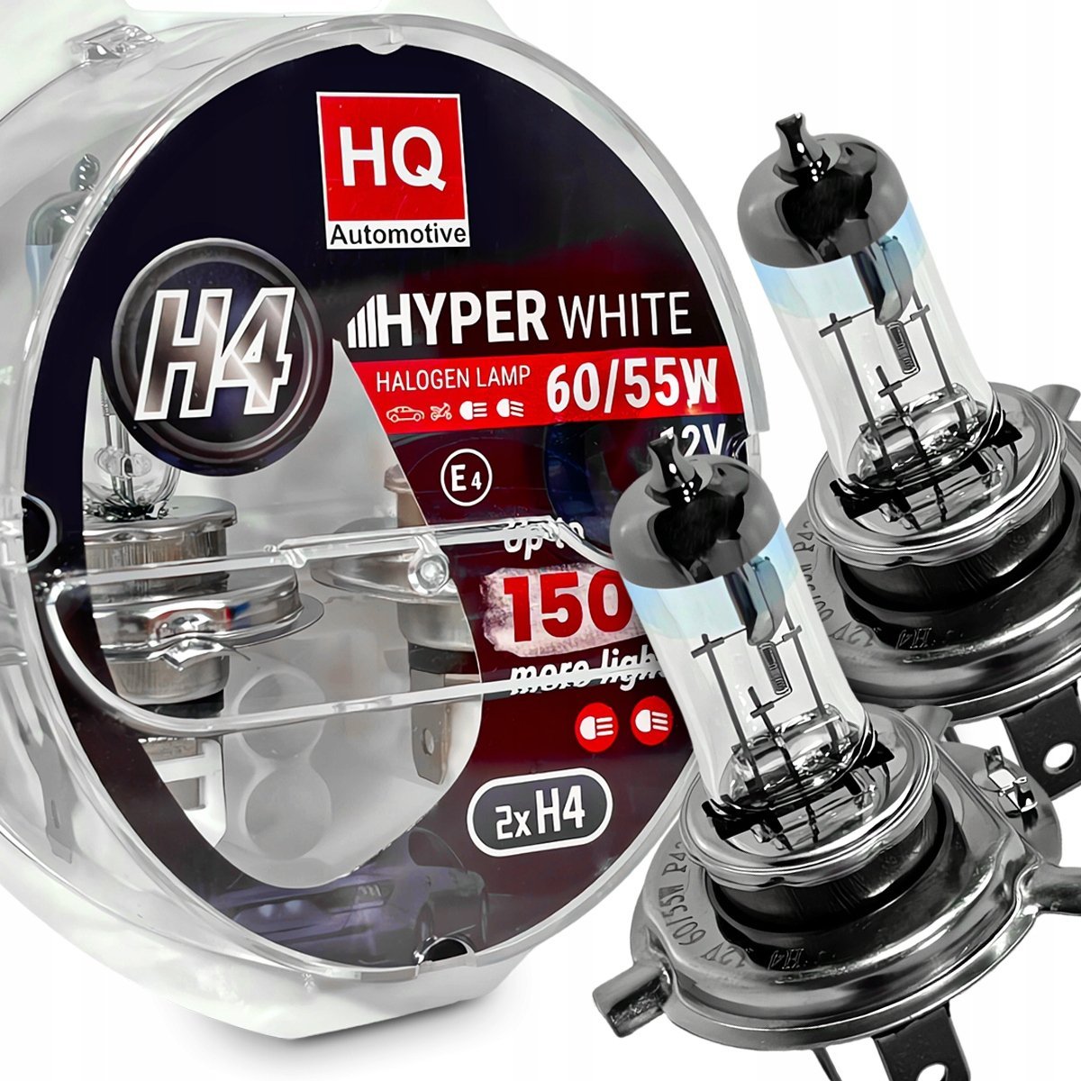 Żarówki H4 HQ Automotive +150% Więcej Światła Hyper White 60/55W 12V Białe