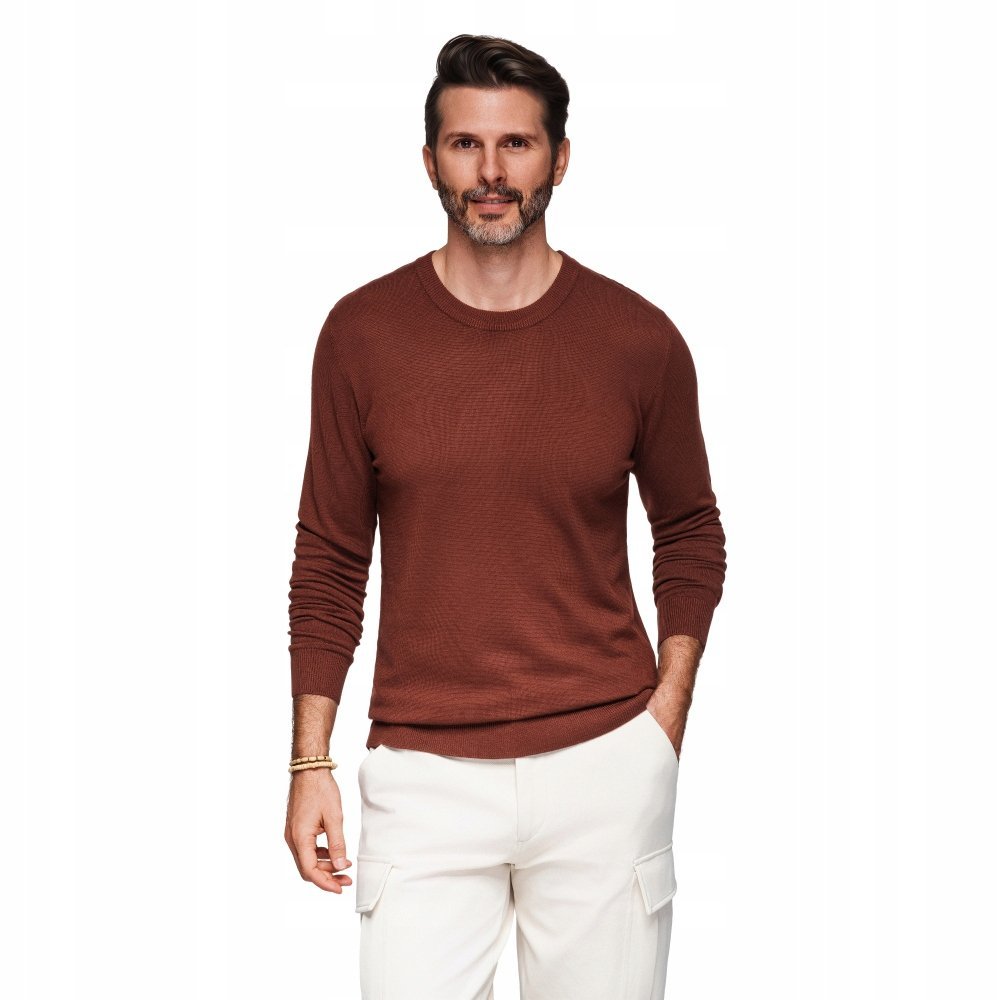 Męski sweter z okrągłym dekoltem z dzianiny - bordowy V1 OM-SWSW-0183 r M