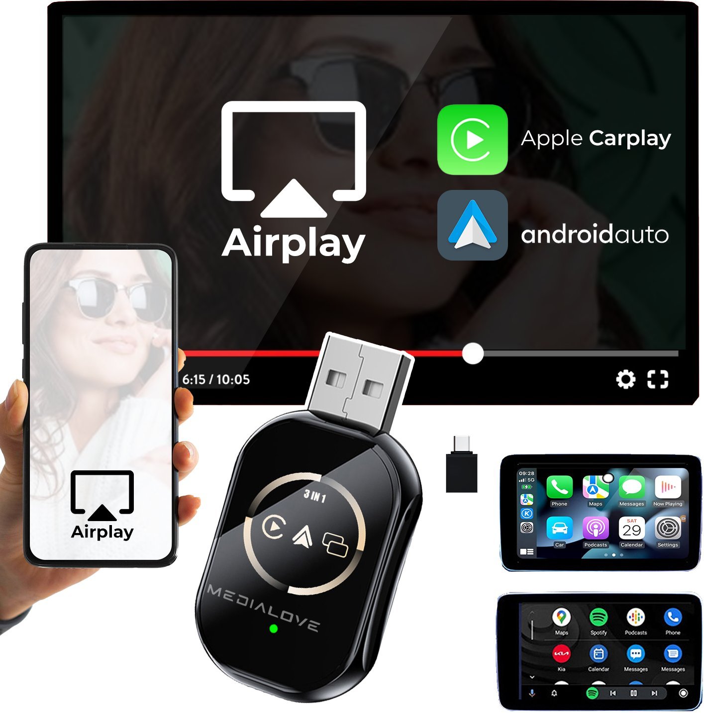Medialove Mini adapter wifi Carplay Android Auto 2w1 Pendrive + Airplay iOS 3w1