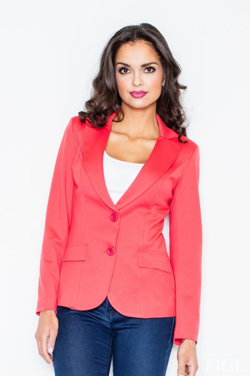 Dzianinowa marynarka damska Slim Fit na dwa guziki Figl - M085, koralowa, XXL