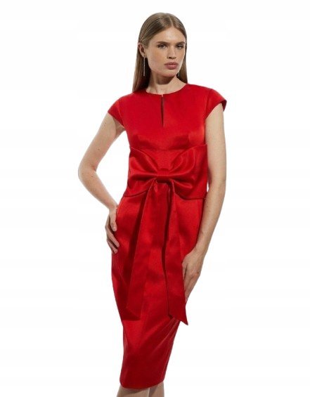 KAREN MILLEN CZERWONA SUKIENKA Z KOKARDĄ I KRÓTKIM RĘKAWEM 36 B1C