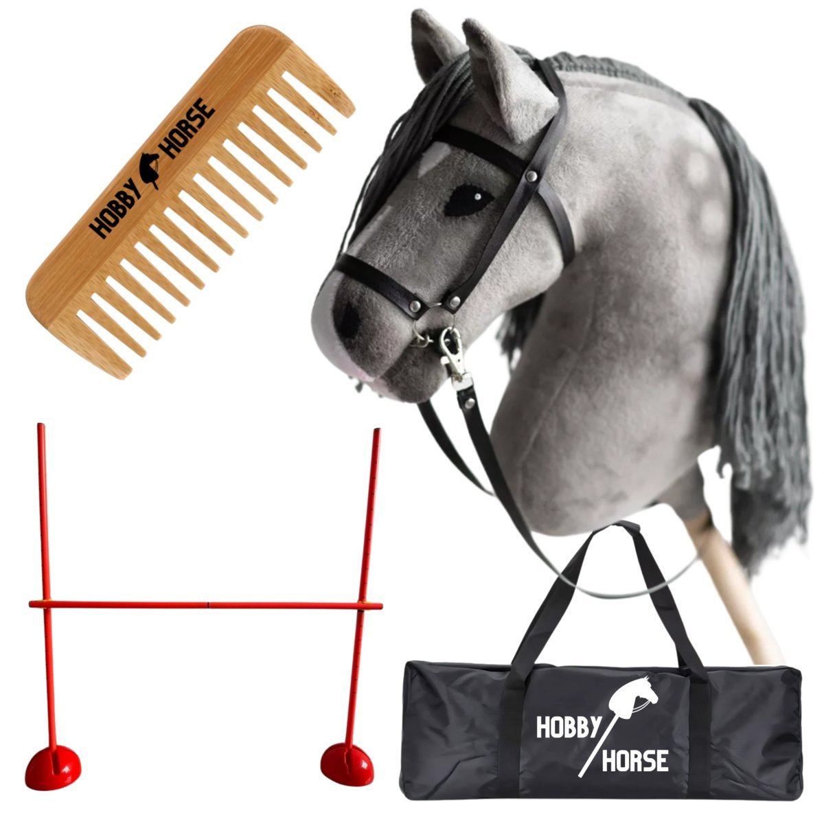 ZESTAW HOBBY HORSE KOŃ NA KIJU A3 + PRZESZKODA DO SKAKANIA 120 CM + GRZEBIEŃ [M-ZESTAW-H4-1]