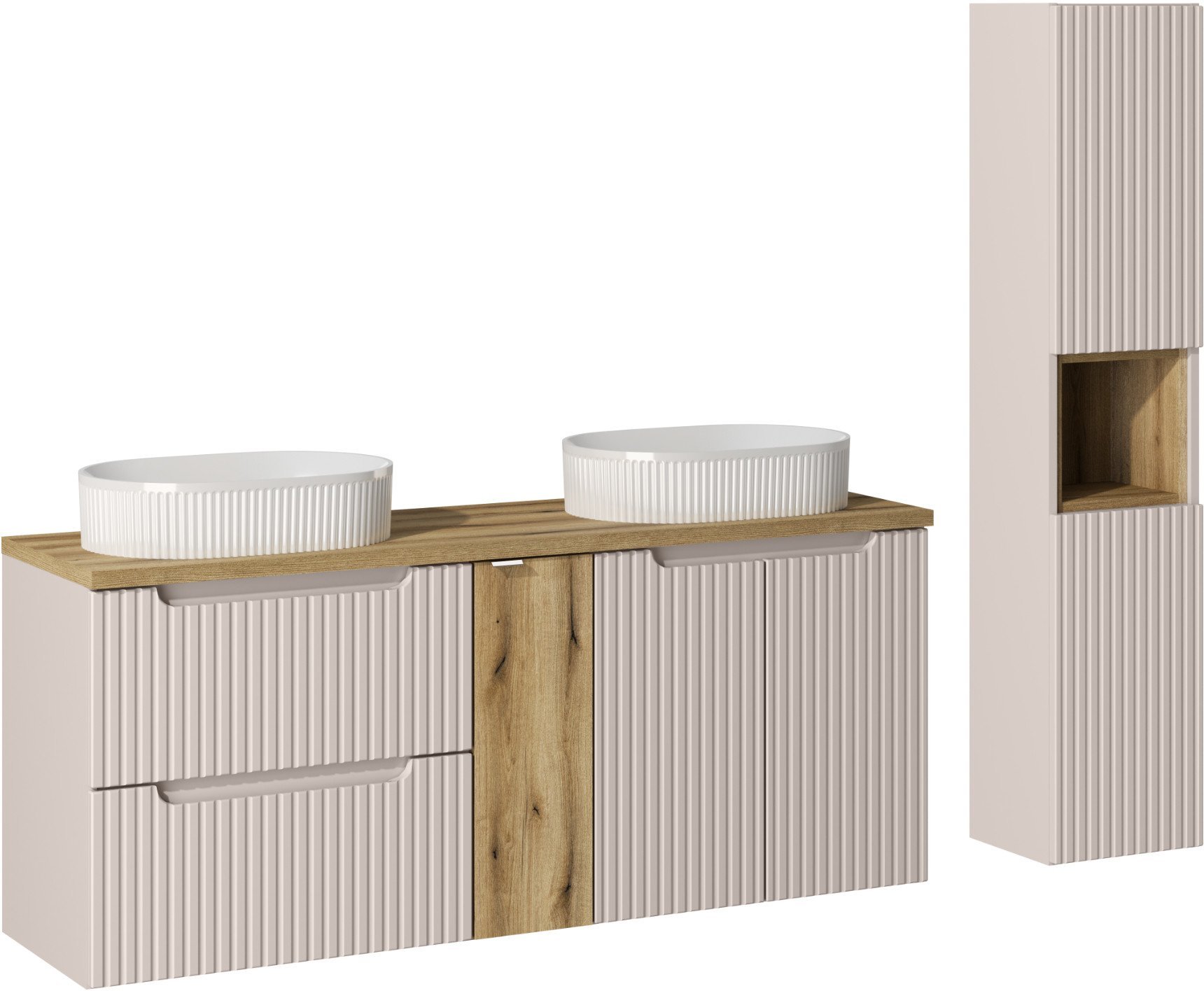 Zestaw meblowy 140cm z blatem, 2 umywalkami nablatowymi Beyond i szafką wysoką