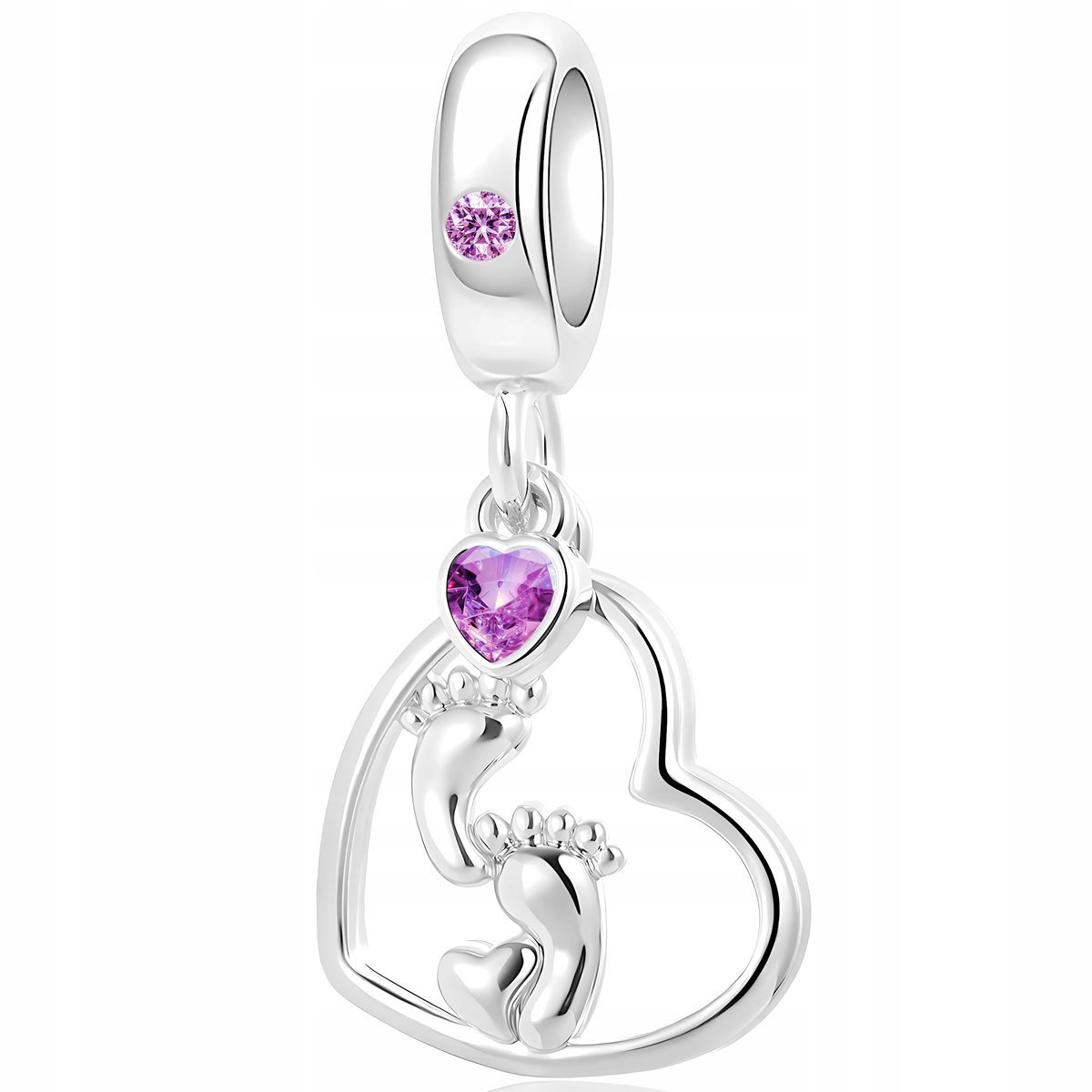 Charms Srebrny 925 Wiszący ze Stópkami Serce Stópki Dziecięce z Cyrkonią