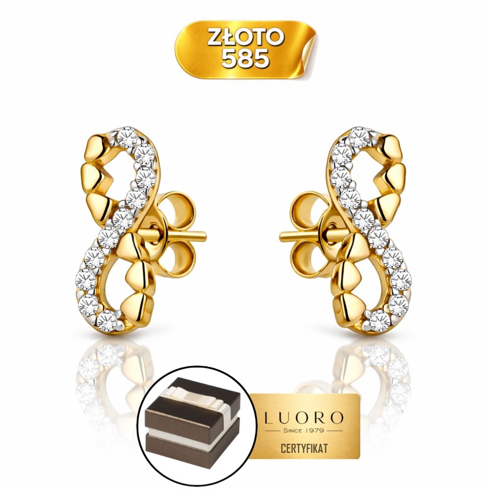KOLCZYKI ZŁOTE 585 14K ZNAK NIESKOŃCZONOŚCI CYRKONIE SERCA SZTYFT 0,9 CM