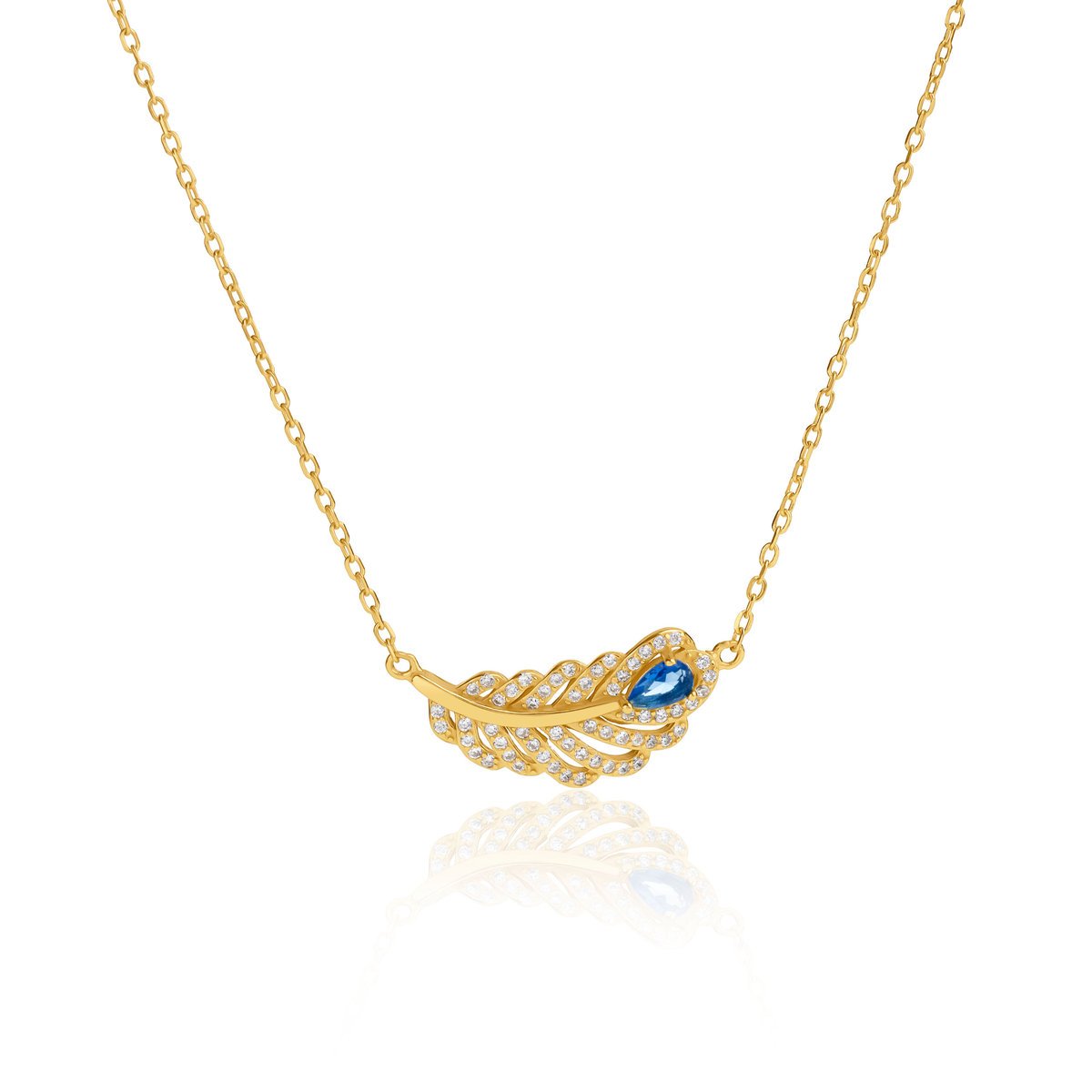 Naszyjnik Srebrny Pozłacany Piórko Celebrytka z Szafirową Cyrkonią