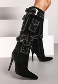 Kozaki damskie - Czarne Kozaki na Obcasie Ozdobione Klamrami Kieszonkami i Cyrkoniami Ansirea - Renee - miniaturka - grafika 1