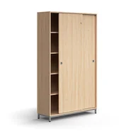 Szafy biurowe - Zamykana szafa przesuwna QBUS, 4 półki, nóżki, uchwyty, 2020x1200x400 mm, srebrny, dąb - miniaturka - grafika 1