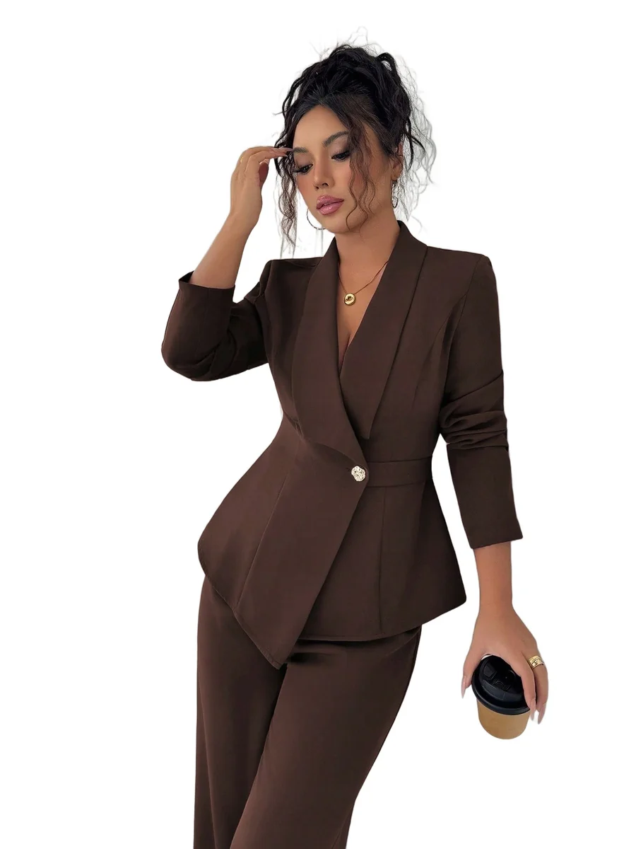 SHEIN ELEGANCKI BRĄZOWY KOMPLET DAMSKI MARYNARKA I SPODNIE M 11MA