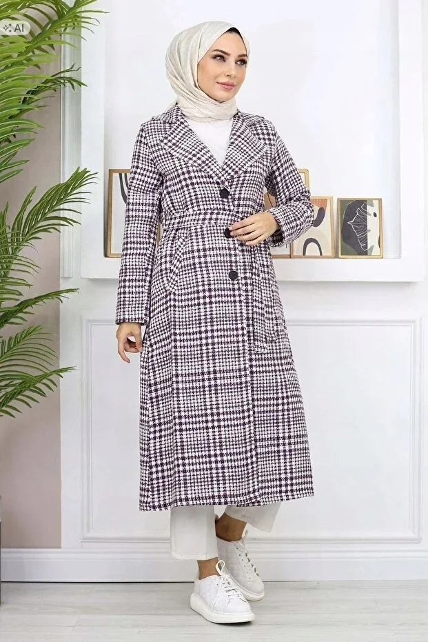 KLASYCZNY PŁASZCZ DAMSKI W KRATĘ Z PASKIEM ELEGANCKI 44 5IA
