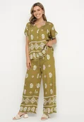 Komplety damskie - Zielono-Biały Bawełniany Komplet Koszula i Szerokie Spodnie w Stylu Boho Ollirive - miniaturka - grafika 1