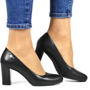 CZÓŁENKA ZE SKÓRY NA SŁUPKU OBCASIE GŁADKIE SERGIO LEONE PB130 CZARNE MATOWE - Czółenka - miniaturka - grafika 1